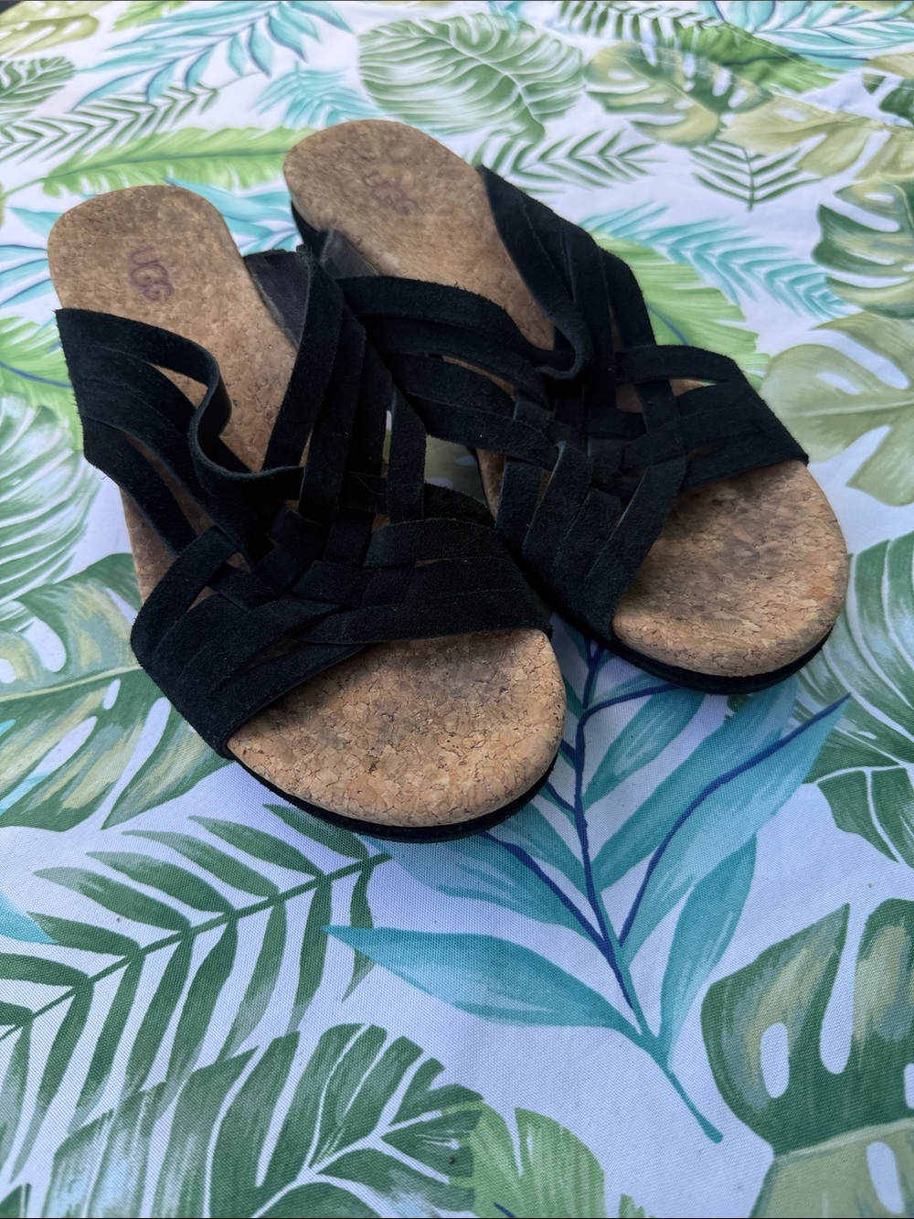 UGG cork wedge leather criss cross sandals sz 8 black